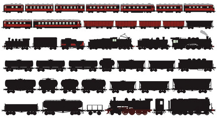 Obraz premium Trains Set Vector Illustration Locomotives Steam Engines Red Passenger Cars Freight Train