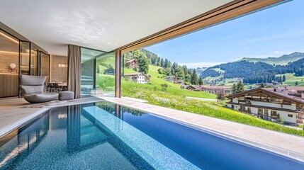 Fototapeta premium Luxurious indoor pool with panoramic mountain views.
