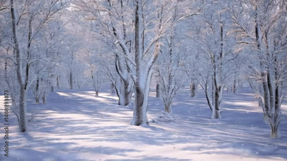 Poster tranquil winter scene in forest with snow covered trees and branches along snow covered ground, crea