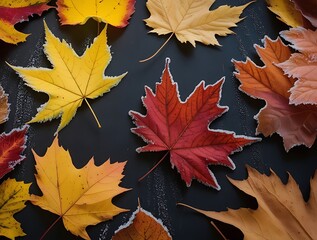 Colorful fall leaves in warm hues scattered over a black background create a stunning seasonal texture perfect for nature themes, backgrounds, and autumnal concepts

