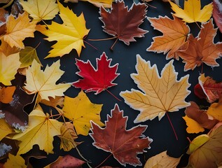 Colorful fall leaves in warm hues scattered over a black background create a stunning seasonal texture perfect for nature themes, backgrounds, and autumnal concepts

