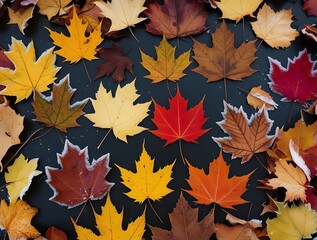 Colorful fall leaves in warm hues scattered over a black background create a stunning seasonal texture perfect for nature themes, backgrounds, and autumnal concepts


