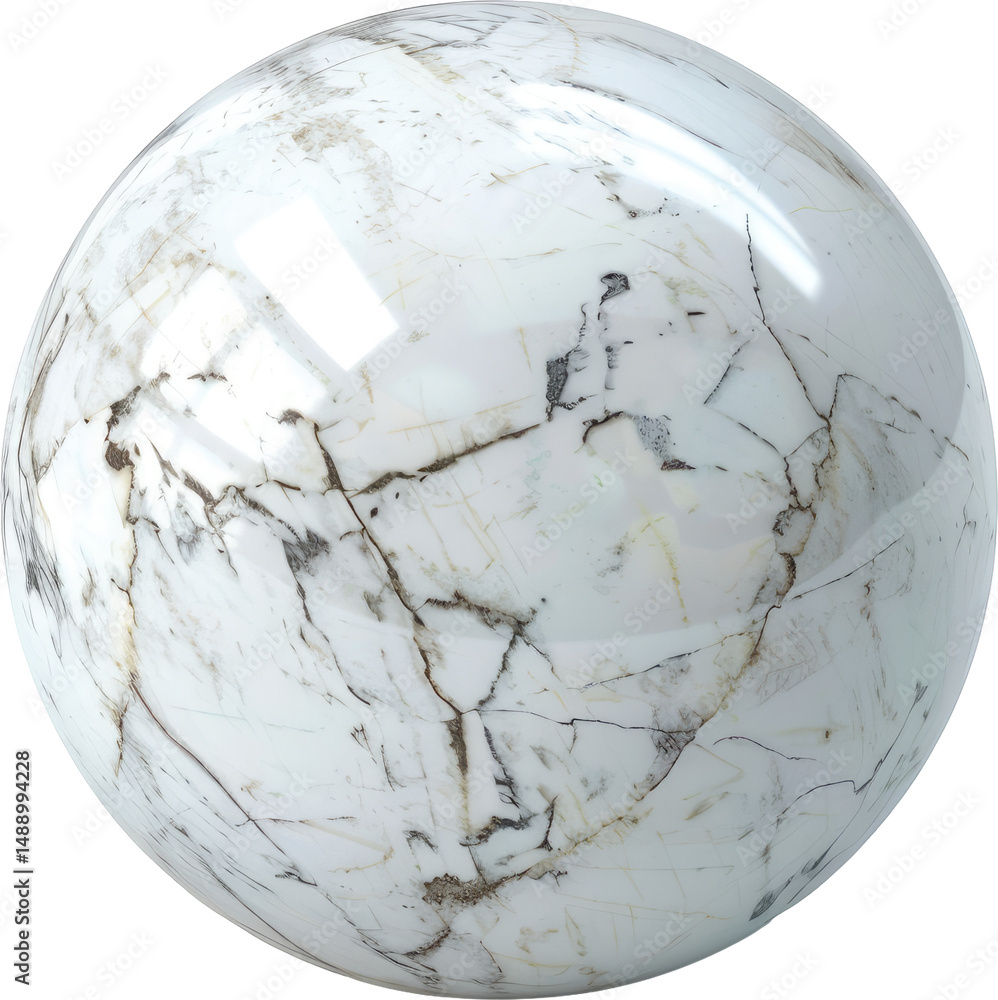 Poster glossy, round marble sphere, showcasing natural veining and a polished surface. its detailed pattern