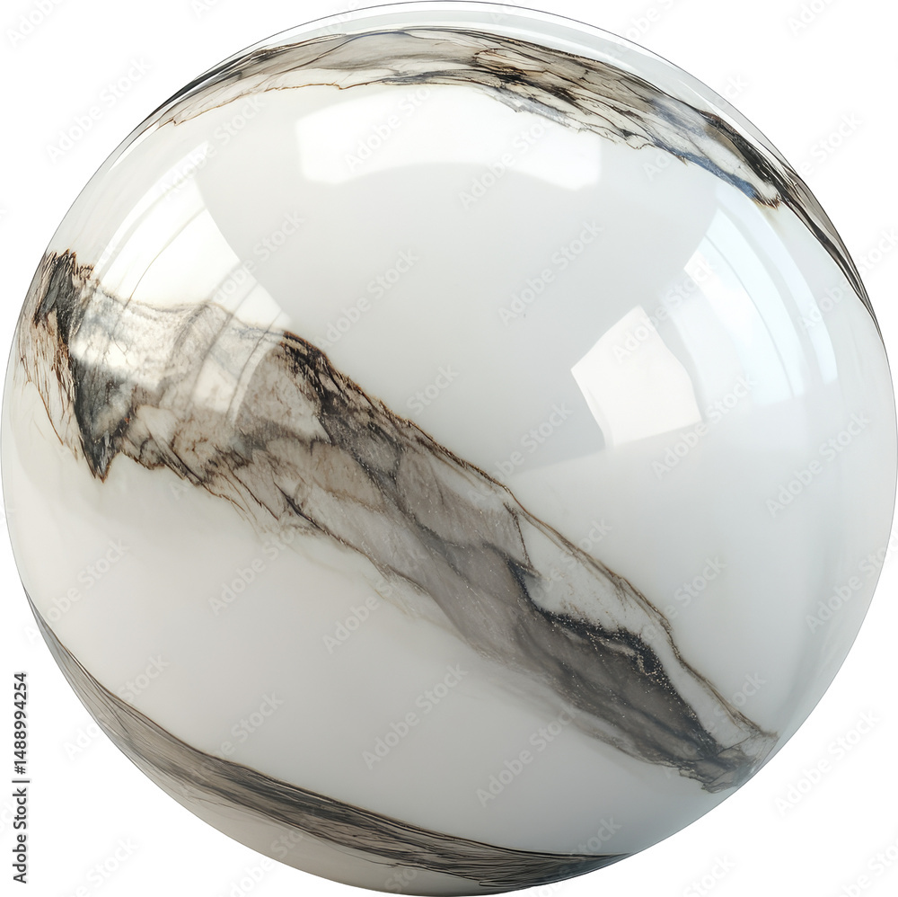Poster glossy, round object with a marbled pattern of grey and white veins. its smooth surface is highly re