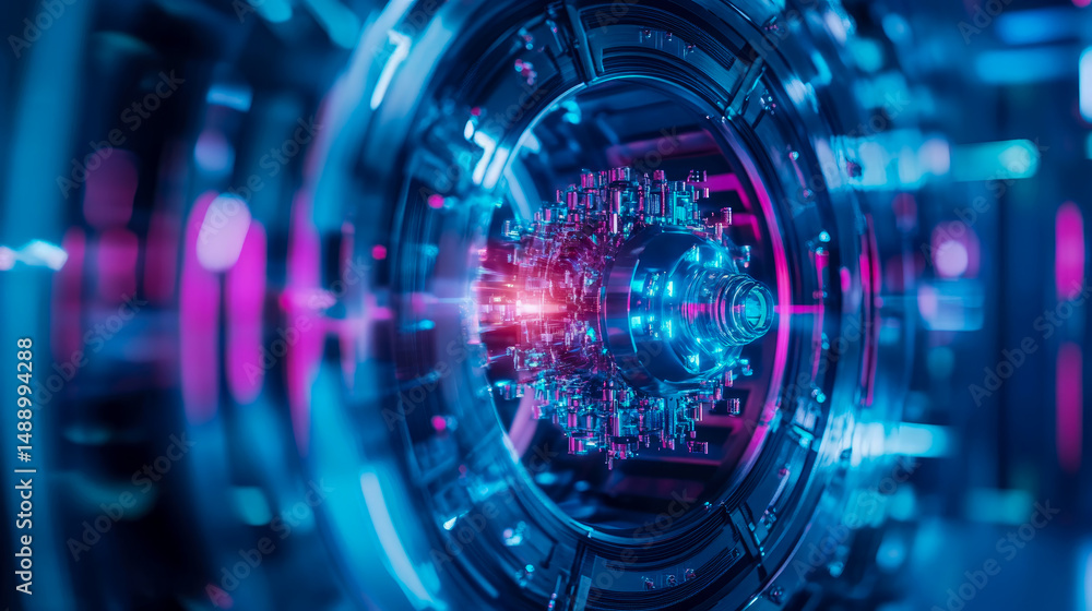 Poster futuristic sci-fi core concept with circular tech and neon glow