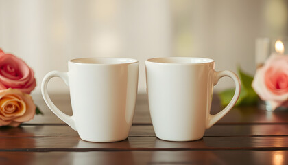 Obraz premium Two white mugs, cups wedding mockup, cinematic. White tone