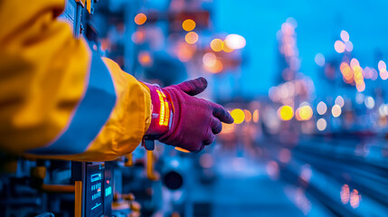 Industrial Worker Hand Indicating Equipment Operation at Night