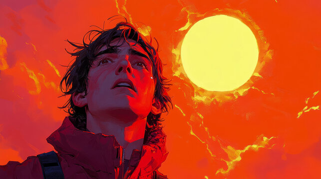 Upward Gaze: Illustration of a Person Looking at a Bright Sun