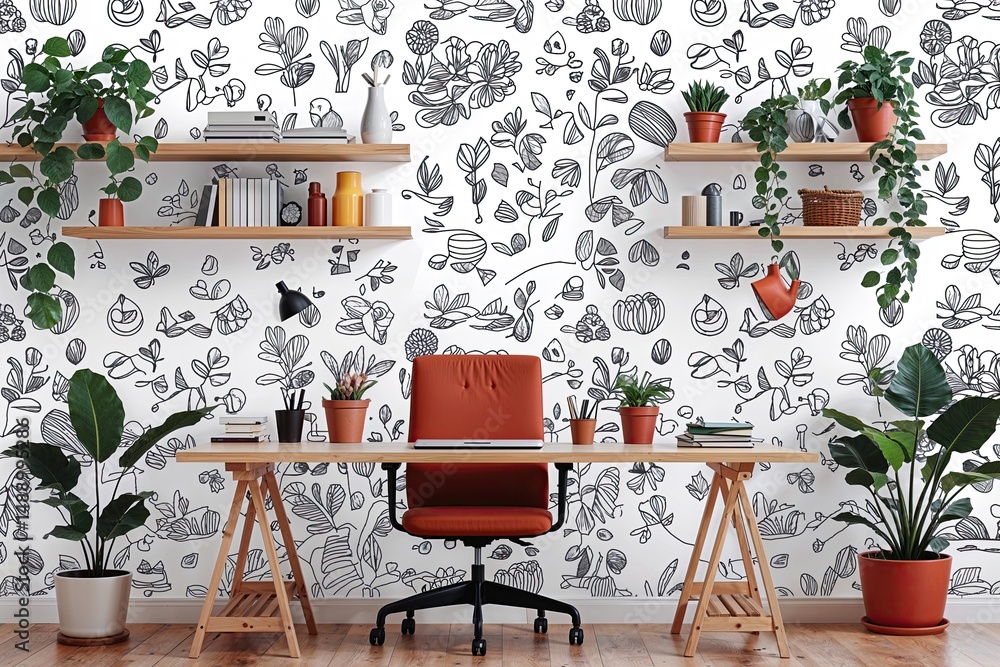 Poster minimalist workspace line art doodle pattern background design