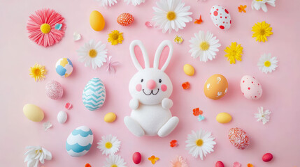 Obraz premium Delicate Easter Celebration: A Top-Down Still Life with a Plush Bunny, Decorated Eggs, and Fresh Daisies on a Pastel Pink Backdrop