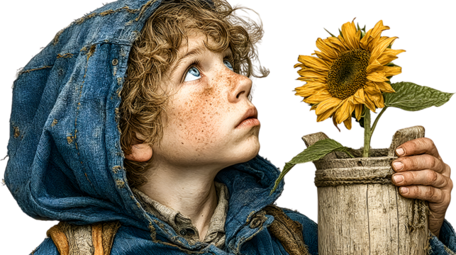 Child with freckles looking up at a sunflower in a rustic wooden container