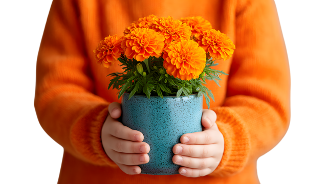 Childs hands holding potted orange flowers