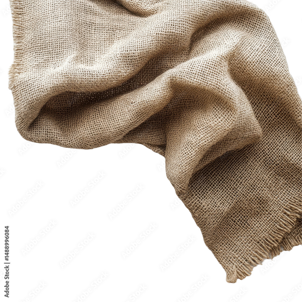 Poster burlap sacking draped on a rustic white wooden surface creating a natural feel in the setting, burla