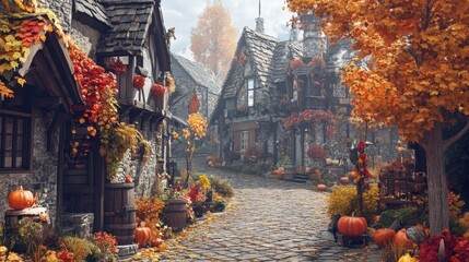 Fototapeta premium Autumnal village street lined with colorful houses.