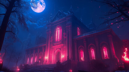 Fototapeta premium An illustration of gothic architecture bathed in lunar light, highlighting the contrast between the cool moon glow and warm crimson inner illumination.