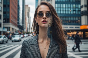 Obraz premium Urban Chic Lady Exploring Collage and Double Exposure in Artistic City Experiences