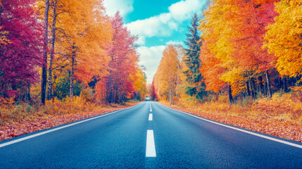Autumn Road Landscape: Scenic drive through colorful fall foliage under a bright sky