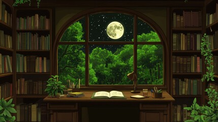A cozy study with a moonlit forest view.