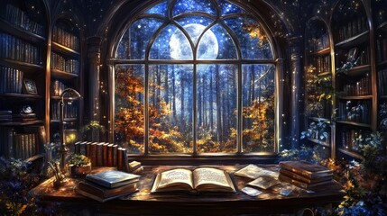 Obraz premium Enchanted library's window view to a starry night forest.