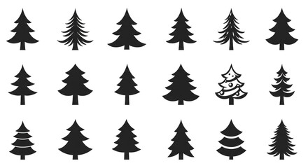 Festive Forest Evergreen Christmas Trees Icon Set Black Silhouette Holiday Vector Design Winter