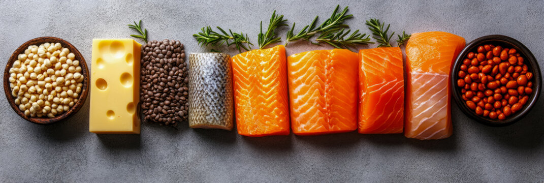 Macro shot of diverse protein sources for healthy diet: fish, nuts, lentil, cheese composition for nutritional guidance