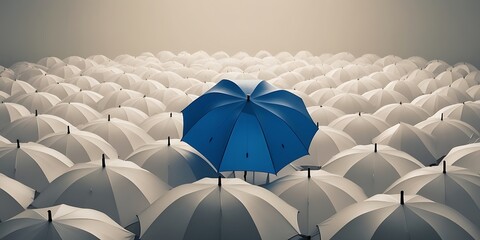 Single blue umbrella among many white ones photographed from above, representing leadership, distinction, and visual contrast in a crowd or corporate concept



