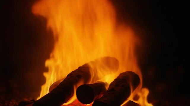 Slow motion fire burning wood logs montage