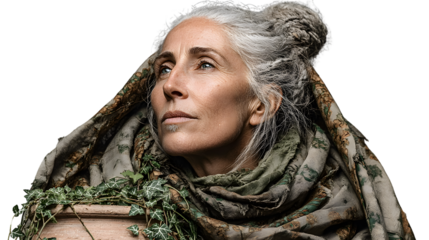 Closeup portrait of a mature woman with gray hair wearing a textured scarf and holding a plan