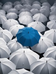 Blue umbrella standing out among a crowd of identical white umbrellas, symbolizing individuality, uniqueness, and creative leadership in a uniform environment

