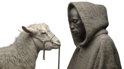 Closeup portrait of a person and a sheep with chain harness