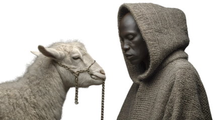 Closeup portrait of a person and a sheep with chain harness