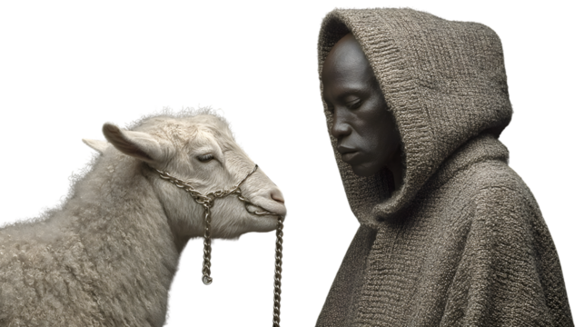 Closeup portrait of a person and a sheep with chain harness