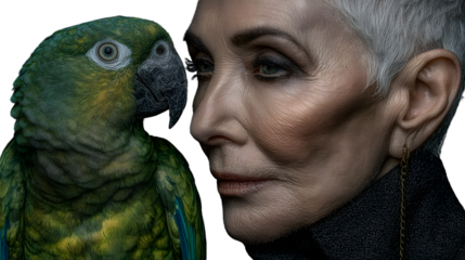 Closeup portrait of a woman and a parrot