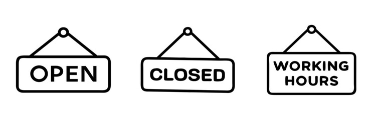 Open and closed signs displaying working hours in minimal style, icons set, vector 