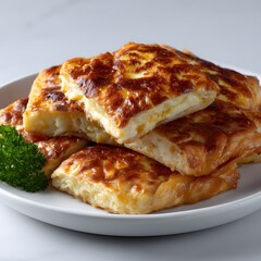 Stacked, golden-brown, flaky pastries, filled with cheese, on a plate