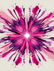 Obraz premium Vibrant abstract flower-like artwork with symmetrical explosion of pink and purple paint splashes on a light background, perfect for modern design, art, or digital backdrops