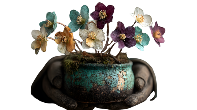 Colorful Flowers in Rustic Pot Held in Hands
