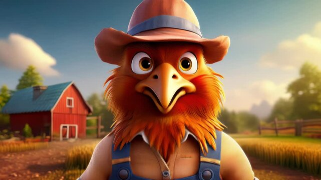 Cute Cartoon Chicken Dressed as a Farmer Talking to the Camera