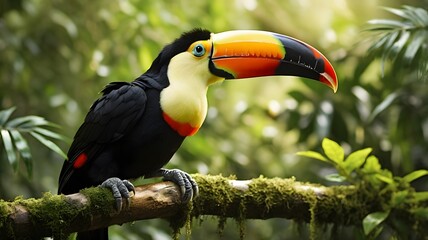 A toucan perched on a branch in a lush rainforest, generated