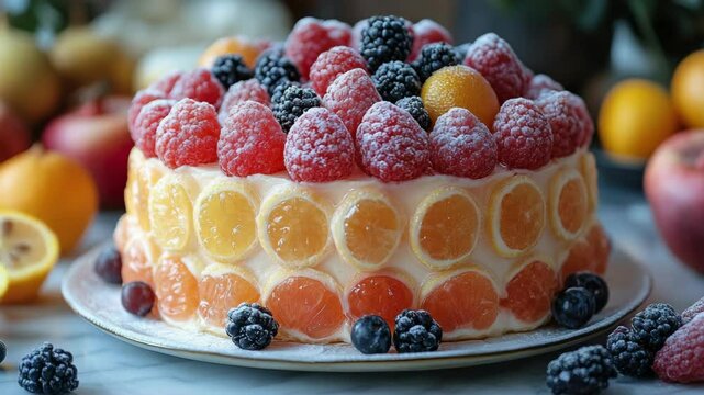 A cake with fruit on top of it