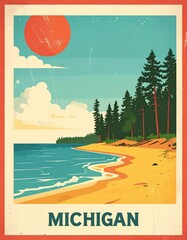 Vintage michigan beach art featuring sun, sea, and pine trees