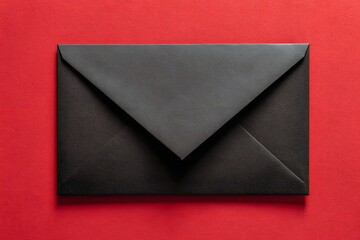 Mysterious Black Envelope on Red Background: A dark envelope on a bold red backdrop, the classic shape and smooth texture creates a visual contrast and sets a tone of anticipation and secrecy.