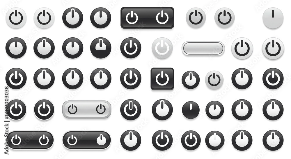 Aufkleber power buttons set collection ui design toggle switches energy icon interface elements on off design