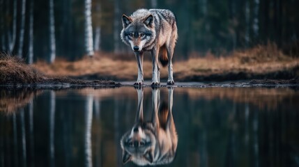 Grey wolf by a pond