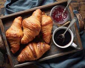 Golden croissants, jam, and coffee on a rustic wooden tray. A delicious breakfast or brunch spread.