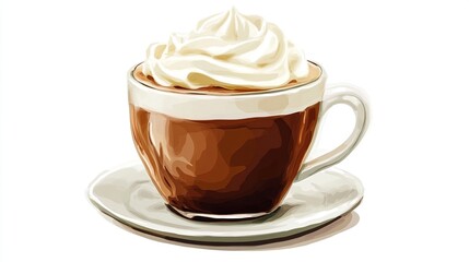 Coffee in a glass cup topped with whipped cream, on a saucer