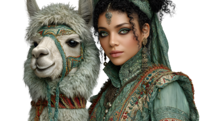 Elegant Woman with Llama Fantasy Portrait Green Apparel Mystical Theme
