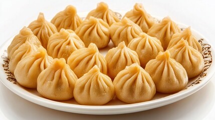 Steamed dumplings in a spiral arrangement on white plate with patterned edge