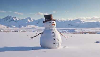 Obraz premium Lonely snowman, winter sports gear scattered nearby, vast snowy field , snowman, snowman face