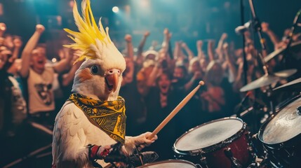 Parrot drummer on stage, crowd cheers